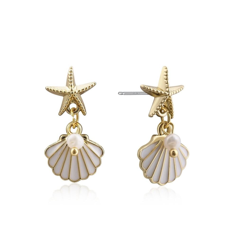 Anthropologie Seashell Earrings Starfish Pearl Gold Shell Boho 14k Plated Stud - Picture 4 of 9